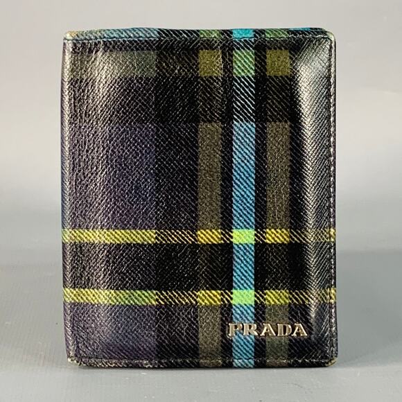 PRADA Green Blue Yellow Plaid Saffiano Leather Card Case Wallet - Picture 1 of 4